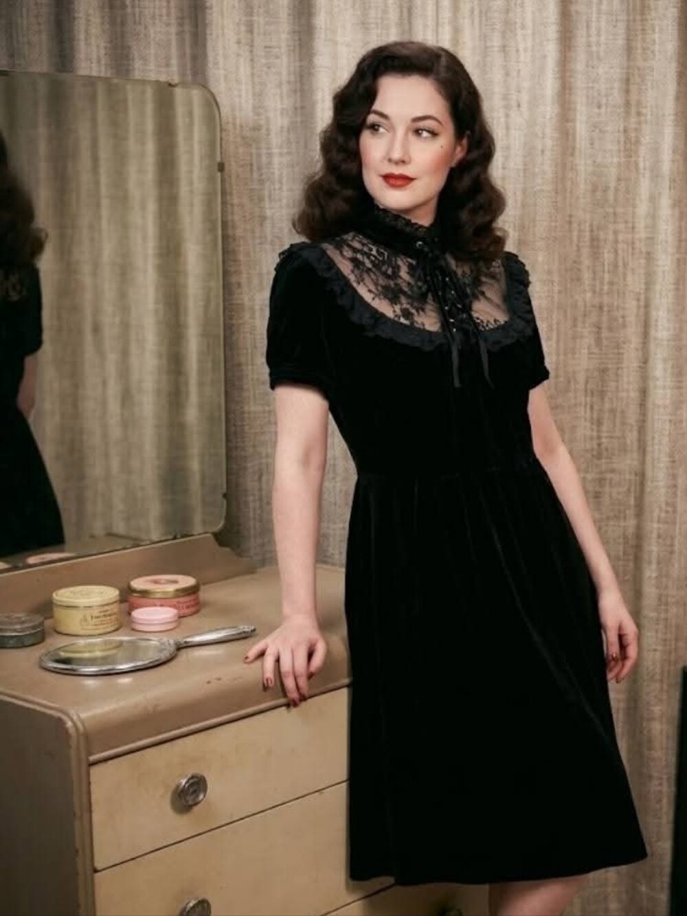 Vintage-Inspired Black Velvet Dress with Lace Yoke